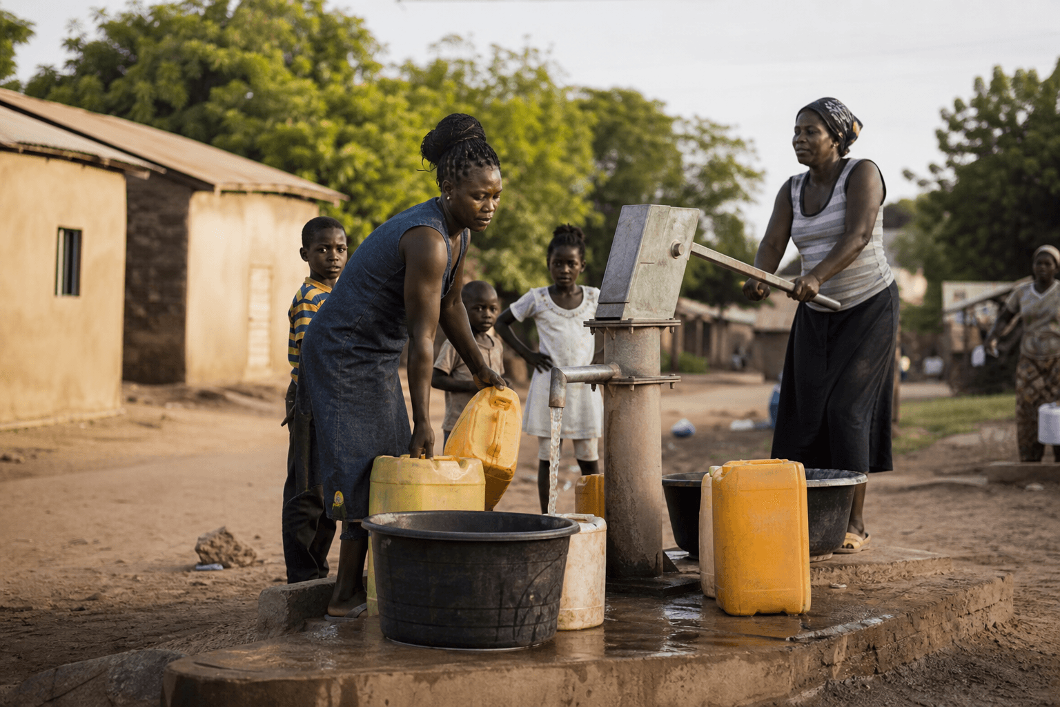 Children and adults collecting clean water from a community water pump