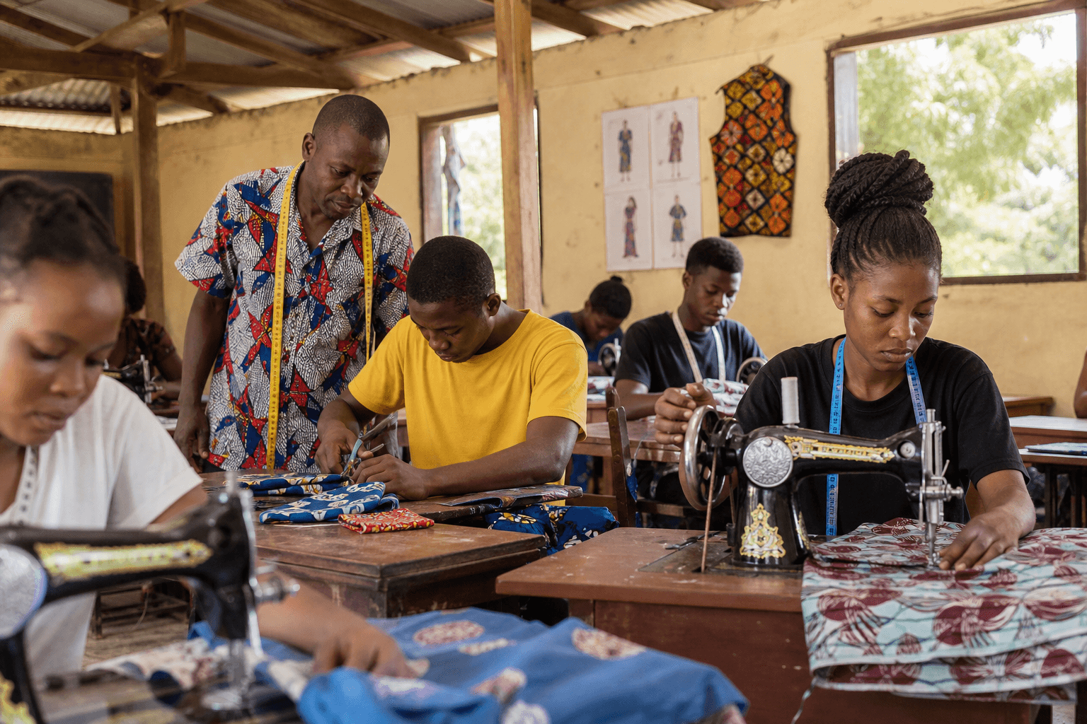Young adults practicing vocational skills in an open-air workshop